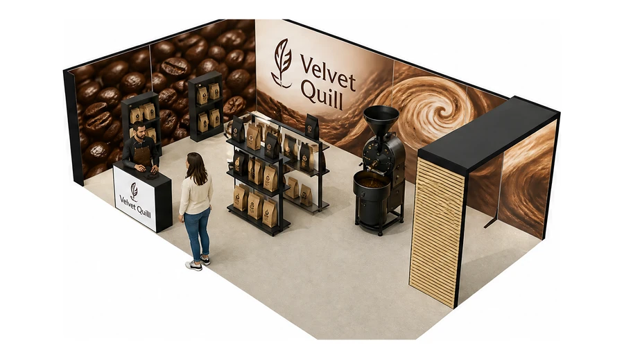 Stoisko 8 × 5 m narożne lewe dla branży palarnia kawy, przykładowa marka Velvet Quill
