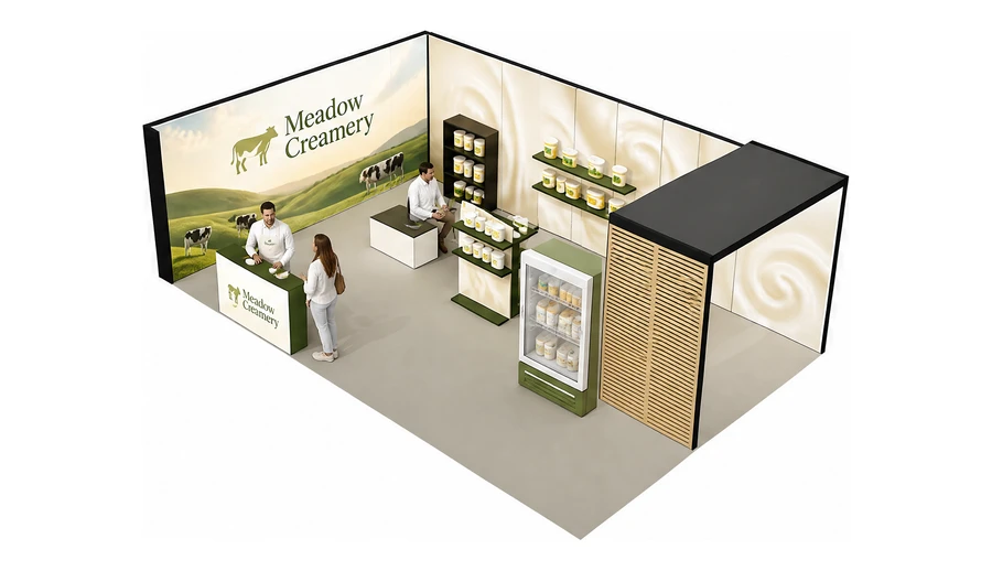 Stoisko 8 × 5 m narożne lewe dla branży nabiał i mleczarstwo, przykładowa marka Meadow Creamery