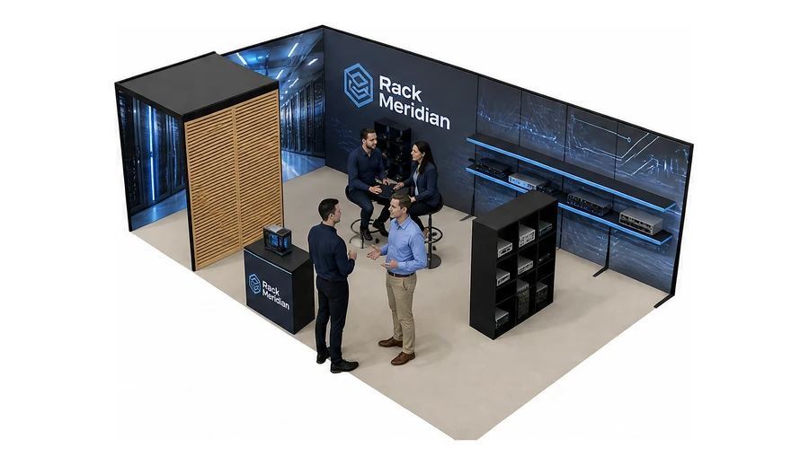 Stoisko 8 × 5 m narożne lewe dla branży infrastruktura IT i data center, przykładowa marka Rack Meridian
