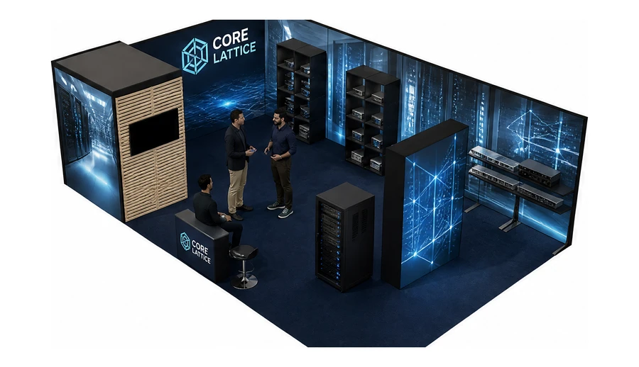Stoisko 8 × 5 m narożne lewe dla branży infrastruktura IT i data center, przykładowa marka Core Lattice