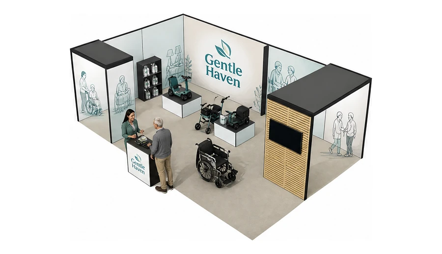 Stoisko 8 × 5 m narożne lewe dla branży opieka senioralna, przykładowa marka Gentle Haven