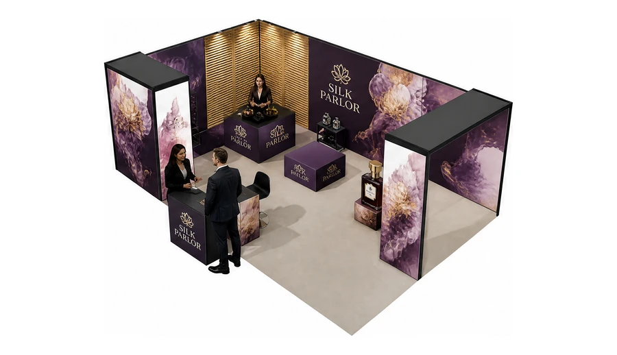 Stoisko 8 × 5 m narożne lewe dla branży perfumy, przykładowa marka Silk Parlor