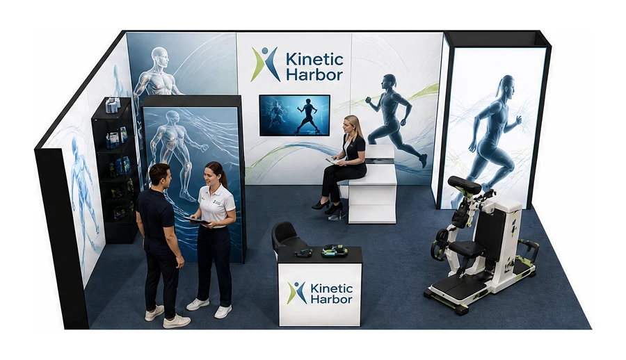 Stoisko 8 × 5 m narożne lewe dla branży rehabilitacja i fizjoterapia, przykładowa marka Kinetic Harbor