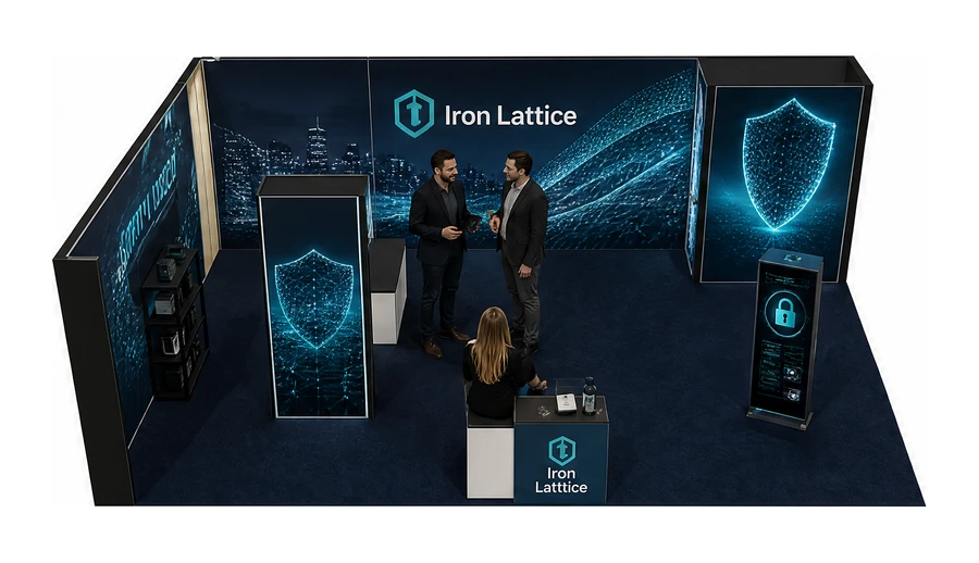 Stoisko 8 × 5 m narożne lewe dla branży cyberbezpieczeństwo, przykładowa marka Iron Lattice
