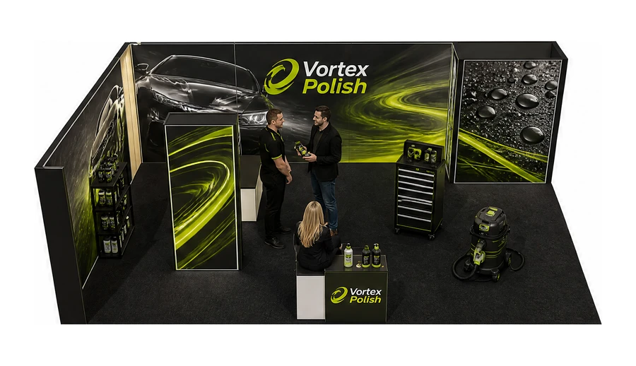 Stoisko 8 × 5 m narożne lewe dla branży tuning i detailing, przykładowa marka Vortex Polish