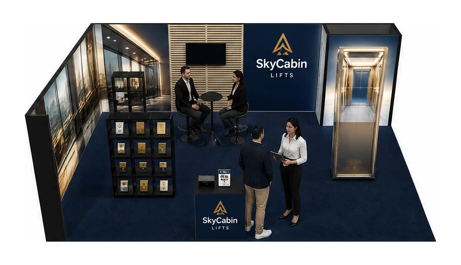 Stoisko 8 × 5 m narożne lewe dla branży dźwigi i windy, przykładowa marka SkyCabin Lifts