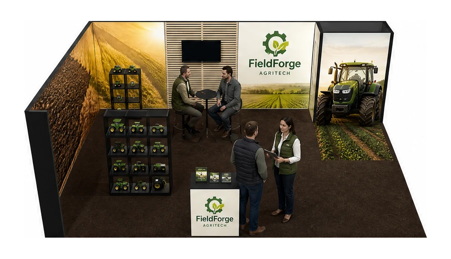 Stoisko 8 × 5 m narożne lewe dla branży maszyny rolnicze, przykładowa marka FieldForge Agritech
