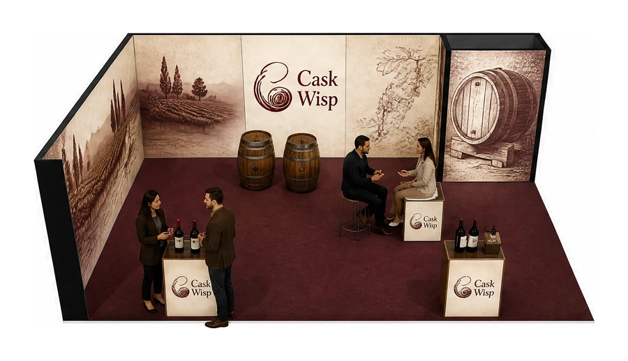 Stoisko 8 × 5 m narożne lewe dla branży winnica, przykładowa marka Cask Wisp