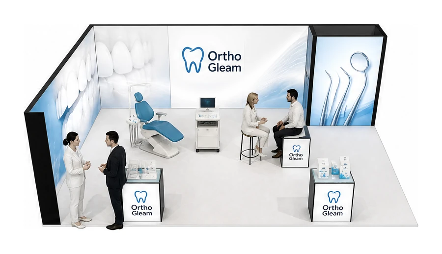Stoisko 8 × 5 m narożne lewe dla branży stomatologia, przykładowa marka Ortho Gleam