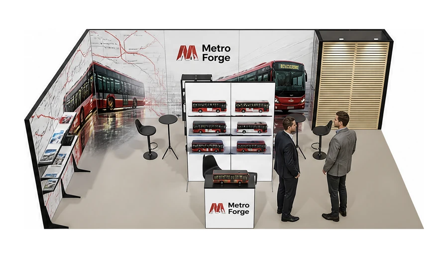 Stoisko 8 × 5 m narożne lewe dla branży autobusy i transport zbiorowy, przykładowa marka Metro Forge
