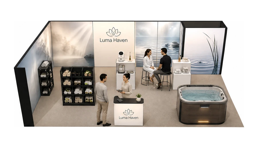 Stoisko 8 × 5 m narożne lewe dla branży spa i wellness, przykładowa marka Luma Haven