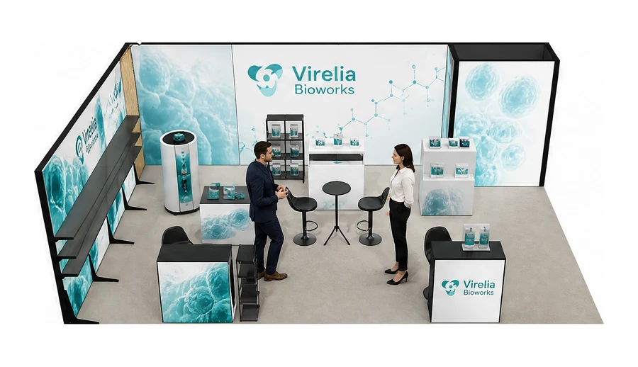 Stoisko 8 × 5 m narożne lewe dla branży farmacja i biotechnologia, przykładowa marka Virelia Bioworks