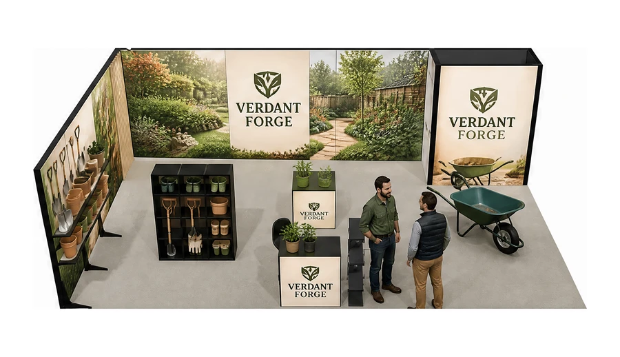Stoisko 8 × 5 m narożne lewe dla branży ogród i architektura krajobrazu, przykładowa marka Verdant Forge