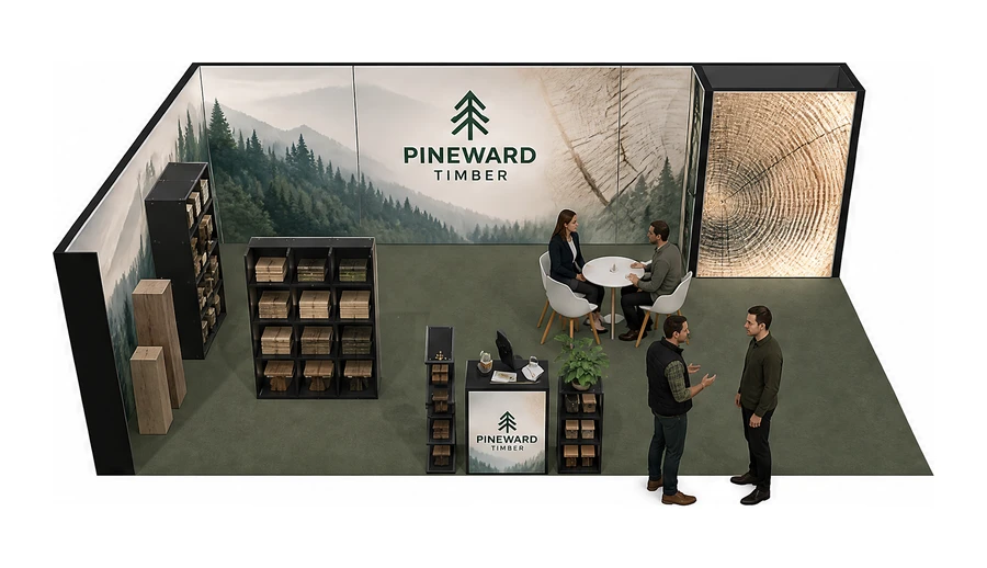 Stoisko 8 × 5 m narożne lewe dla branży leśnictwo i przemysł drzewny, przykładowa marka Pineward Timber