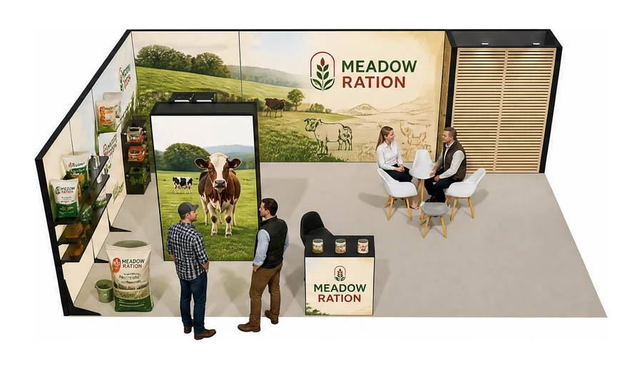 Stoisko 8 × 5 m narożne lewe dla branży hodowla i pasze, przykładowa marka Meadow Ration