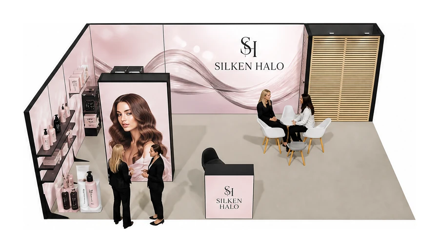 Stoisko 8 × 5 m narożne lewe dla branży fryzjerstwo i salony beauty, przykładowa marka Silken Halo
