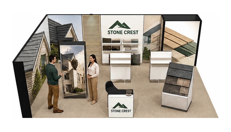 Stoisko 8 × 5 m narożne lewe dla branży dachy i elewacje, przykładowa marka Stone Crest
