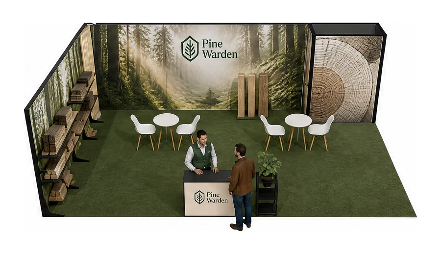 Stoisko 8 × 5 m narożne lewe dla branży leśnictwo i przemysł drzewny, przykładowa marka Pine Warden