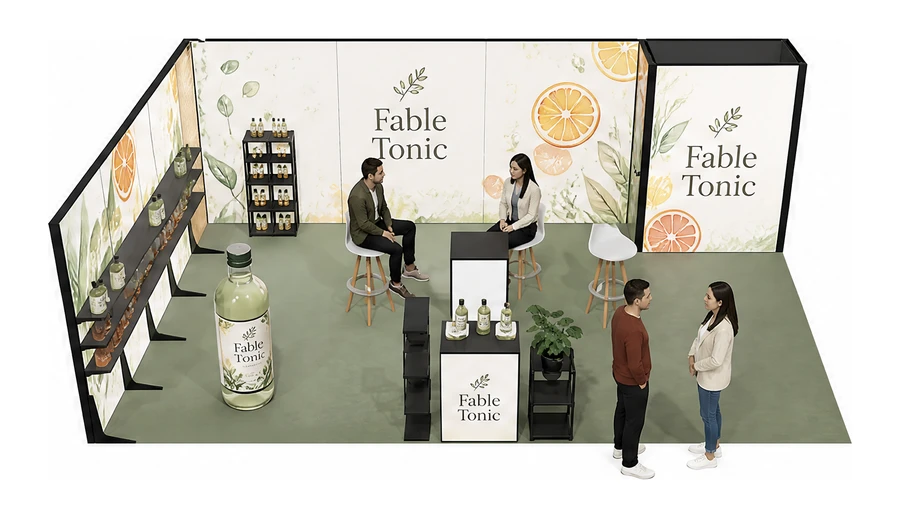 Stoisko 8 × 5 m narożne lewe dla branży napoje, przykładowa marka Fable Tonic