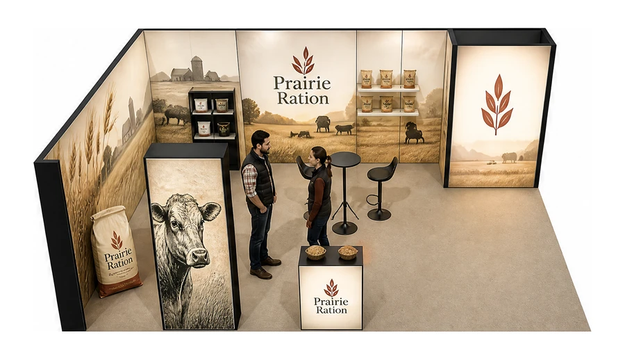 Stoisko 8 × 5 m narożne lewe dla branży hodowla i pasze, przykładowa marka Prairie Ration