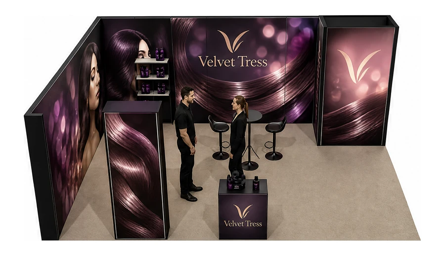 Stoisko 8 × 5 m narożne lewe dla branży fryzjerstwo i salony beauty, przykładowa marka Velvet Tress