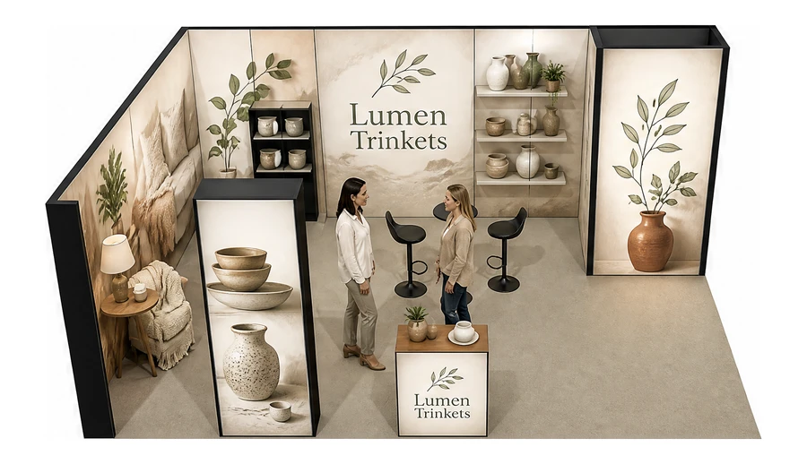 Stoisko 8 × 5 m narożne lewe dla branży dekoracje i upominki, przykładowa marka Lumen Trinkets