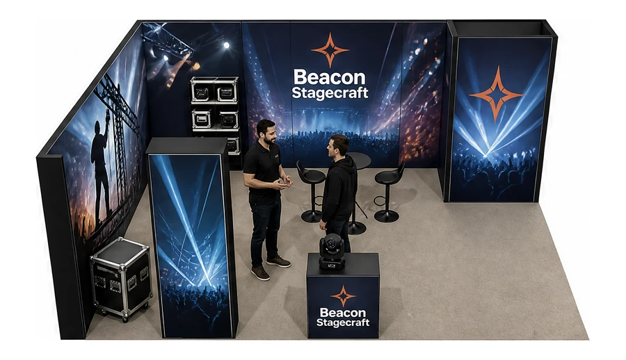 Stoisko 8 × 5 m narożne lewe dla branży branża eventowa, przykładowa marka Beacon Stagecraft