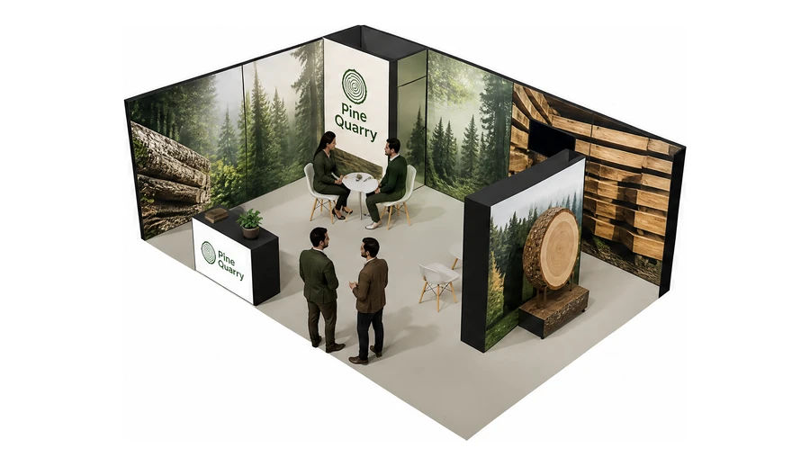 Stoisko 8 × 5 m narożne lewe dla branży leśnictwo i przemysł drzewny, przykładowa marka Pine Quarry
