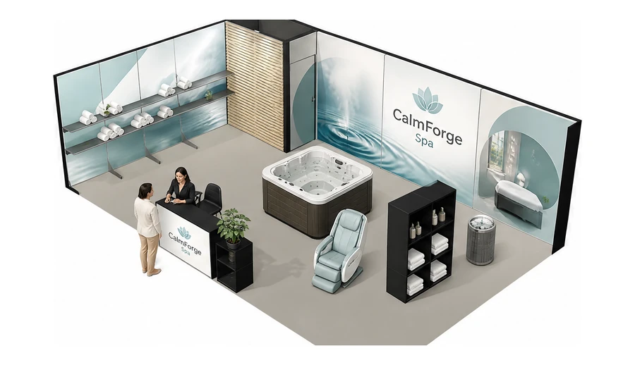 Stoisko 8 × 5 m narożne lewe dla branży spa i wellness, przykładowa marka CalmForge Spa