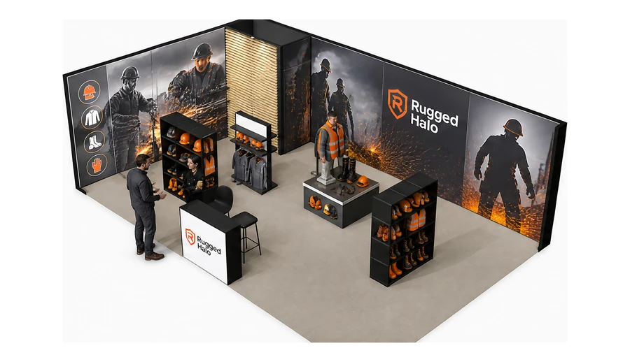 Stoisko 8 × 5 m narożne lewe dla branży BHP i odzież ochronna, przykładowa marka Rugged Halo