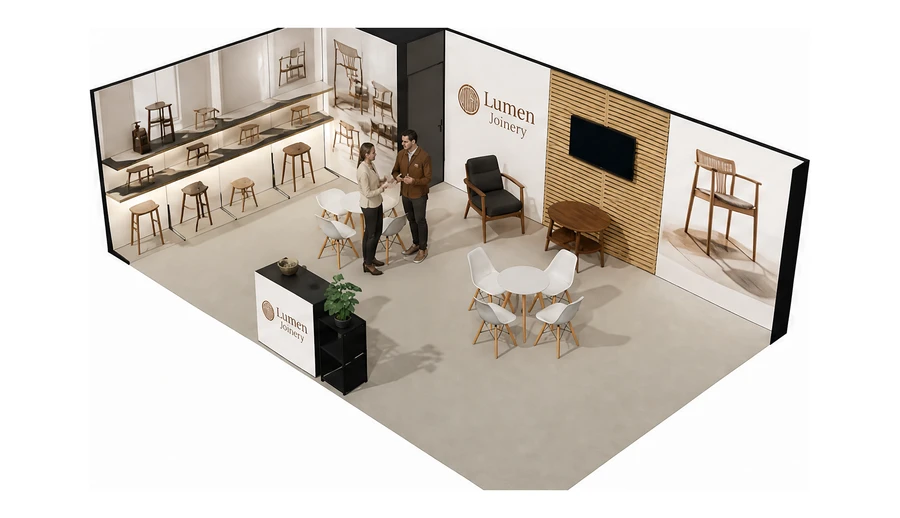 Stoisko 8 × 5 m narożne lewe dla branży meble designerskie, przykładowa marka Lumen Joinery