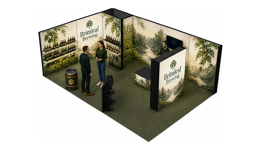 Stoisko 8 × 5 m narożne lewe dla branży napoje, przykładowa marka Brimleaf Brewing