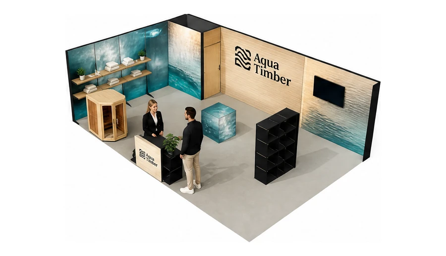 Stoisko 8 × 5 m narożne lewe dla branży baseny i sauny, przykładowa marka Aqua Timber