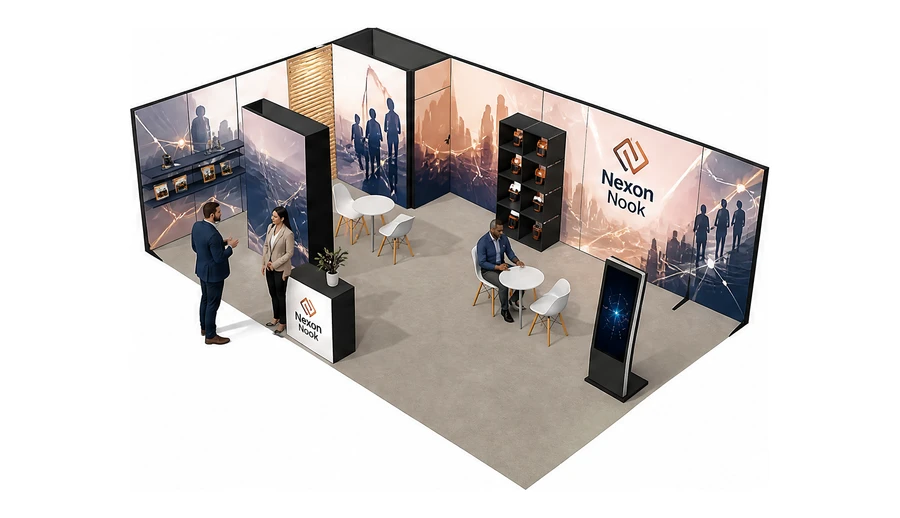Stoisko 8 × 5 m narożne lewe dla branży franczyza i sieci, przykładowa marka Nexon Nook