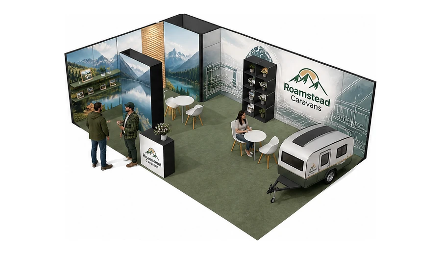 Stoisko 8 × 5 m narożne lewe dla branży caravaning i kampery, przykładowa marka Roamstead Caravans