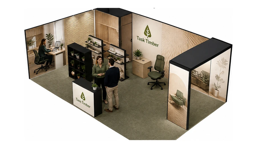 Stoisko 8 × 5 m narożne lewe dla branży meble biurowe, przykładowa marka Task Timber