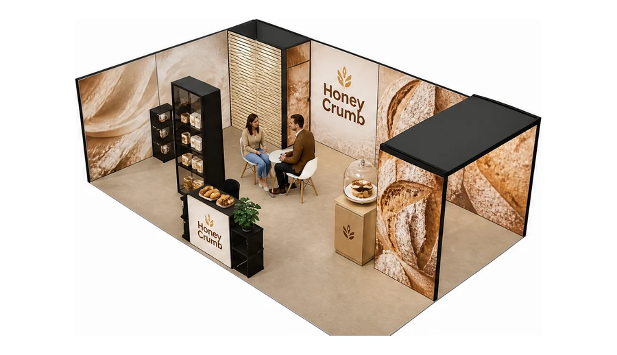 Stoisko 8 × 5 m narożne lewe dla branży piekarnictwo i cukiernictwo, przykładowa marka Honey Crumb