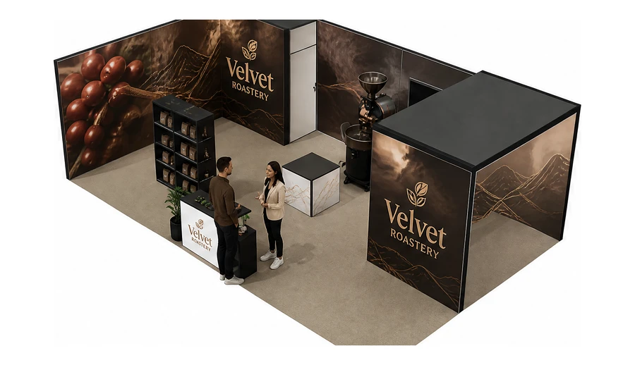 Stoisko 8 × 5 m narożne lewe dla branży palarnia kawy, przykładowa marka Velvet Roastery
