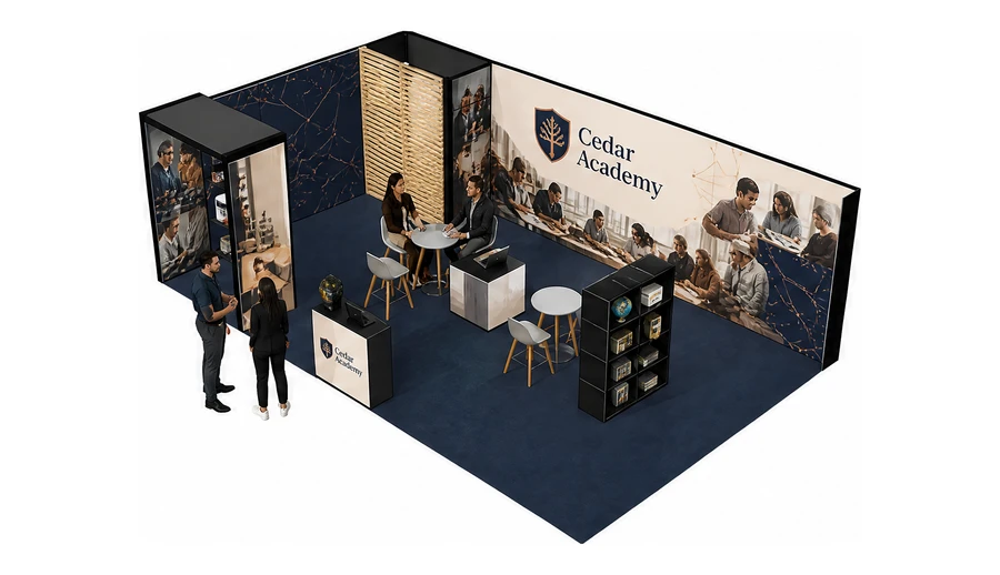 Stoisko 8 × 5 m narożne lewe dla branży edukacja i szkolenia, przykładowa marka Cedar Academy