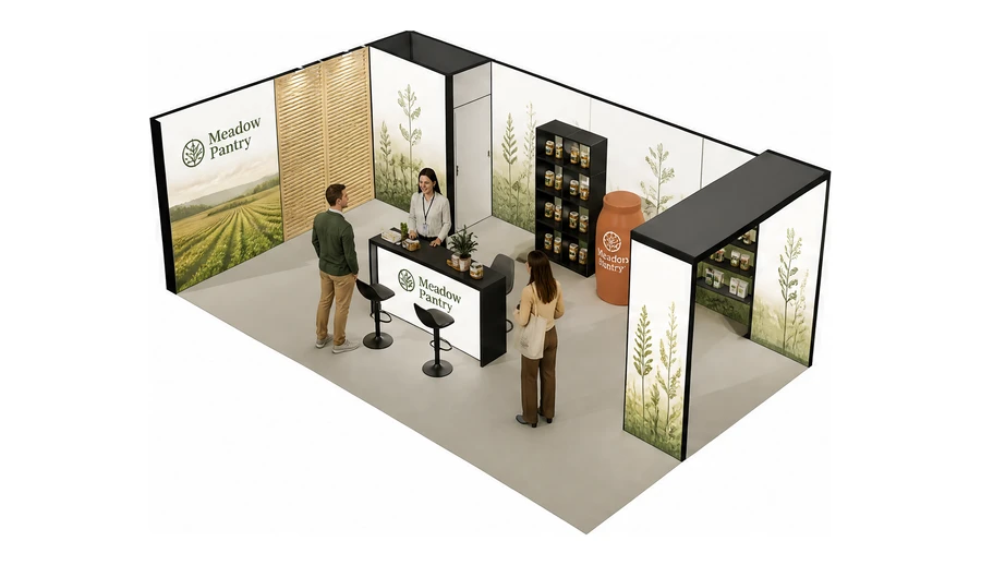 Stoisko 8 × 5 m narożne lewe dla branży żywność ekologiczna, przykładowa marka Meadow Pantry