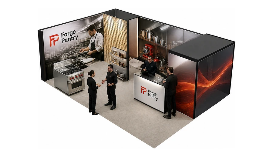 Stoisko 8 × 5 m narożne lewe dla branży wyposażenie gastronomii, przykładowa marka Forge Pantry