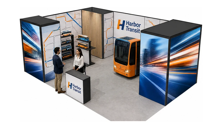 Stoisko 8 × 5 m narożne lewe dla branży autobusy i transport zbiorowy, przykładowa marka Harbor Transit