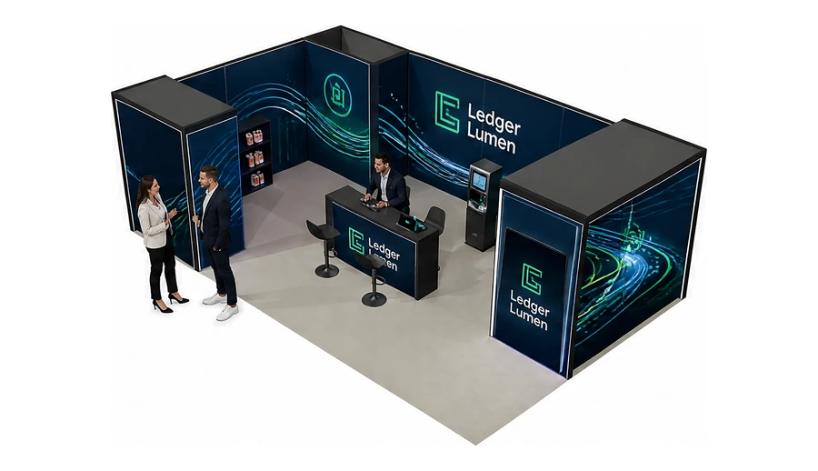 Stoisko 8 × 5 m narożne lewe dla branży płatności online, przykładowa marka Ledger Lumen