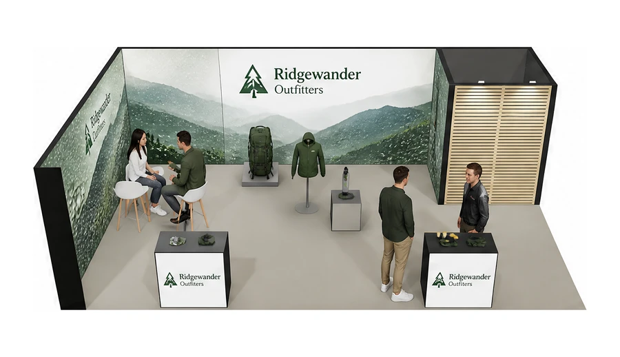 Stoisko 8 × 5 m narożne lewe dla branży odzież i sprzęt outdoorowy, przykładowa marka Ridgewander Outfitters