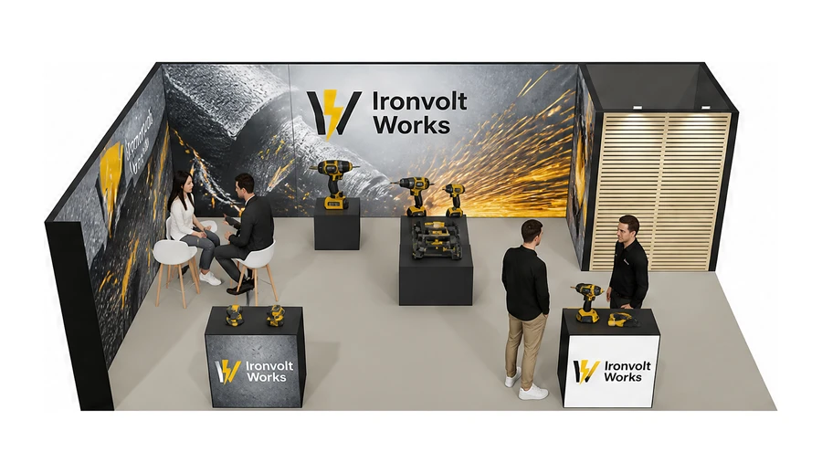 Stoisko 8 × 5 m narożne lewe dla branży elektronarzędzia, przykładowa marka Ironvolt Works