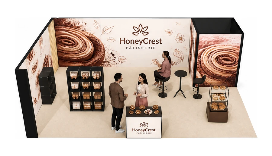 Stoisko 8 × 5 m narożne lewe dla branży piekarnictwo i cukiernictwo, przykładowa marka HoneyCrest Patisserie