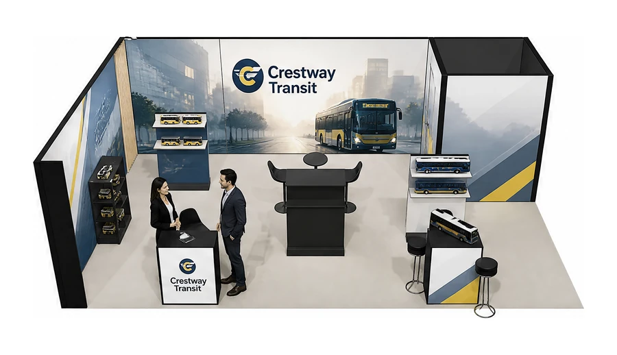 Stoisko 8 × 5 m narożne lewe dla branży autobusy i transport zbiorowy, przykładowa marka Crestway Transit