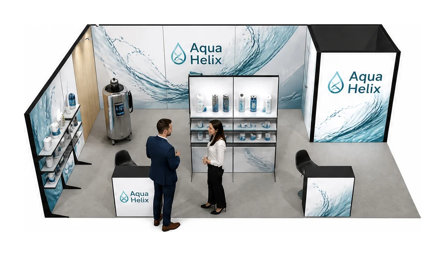 Stoisko 8 × 5 m narożne lewe dla branży technologie wodne, przykładowa marka Aqua Helix