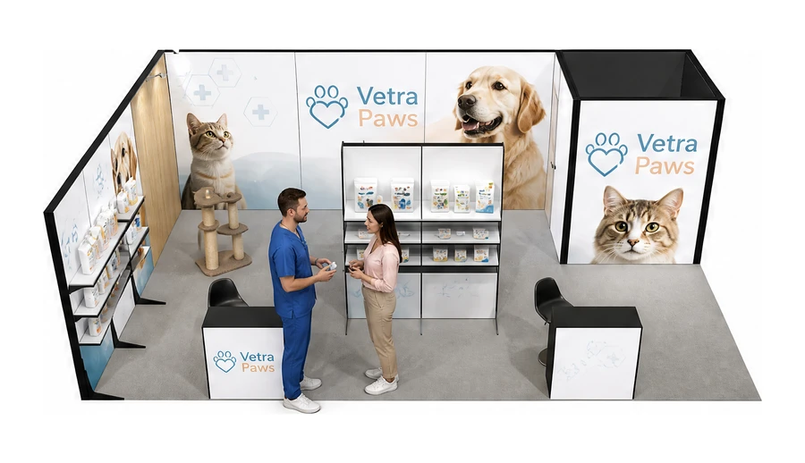 Stoisko 8 × 5 m narożne lewe dla branży weterynaria, przykładowa marka Vetra Paws
