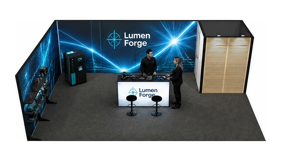 Stoisko 8 × 5 m narożne lewe dla branży technika laserowa i fotonika, przykładowa marka Lumen Forge